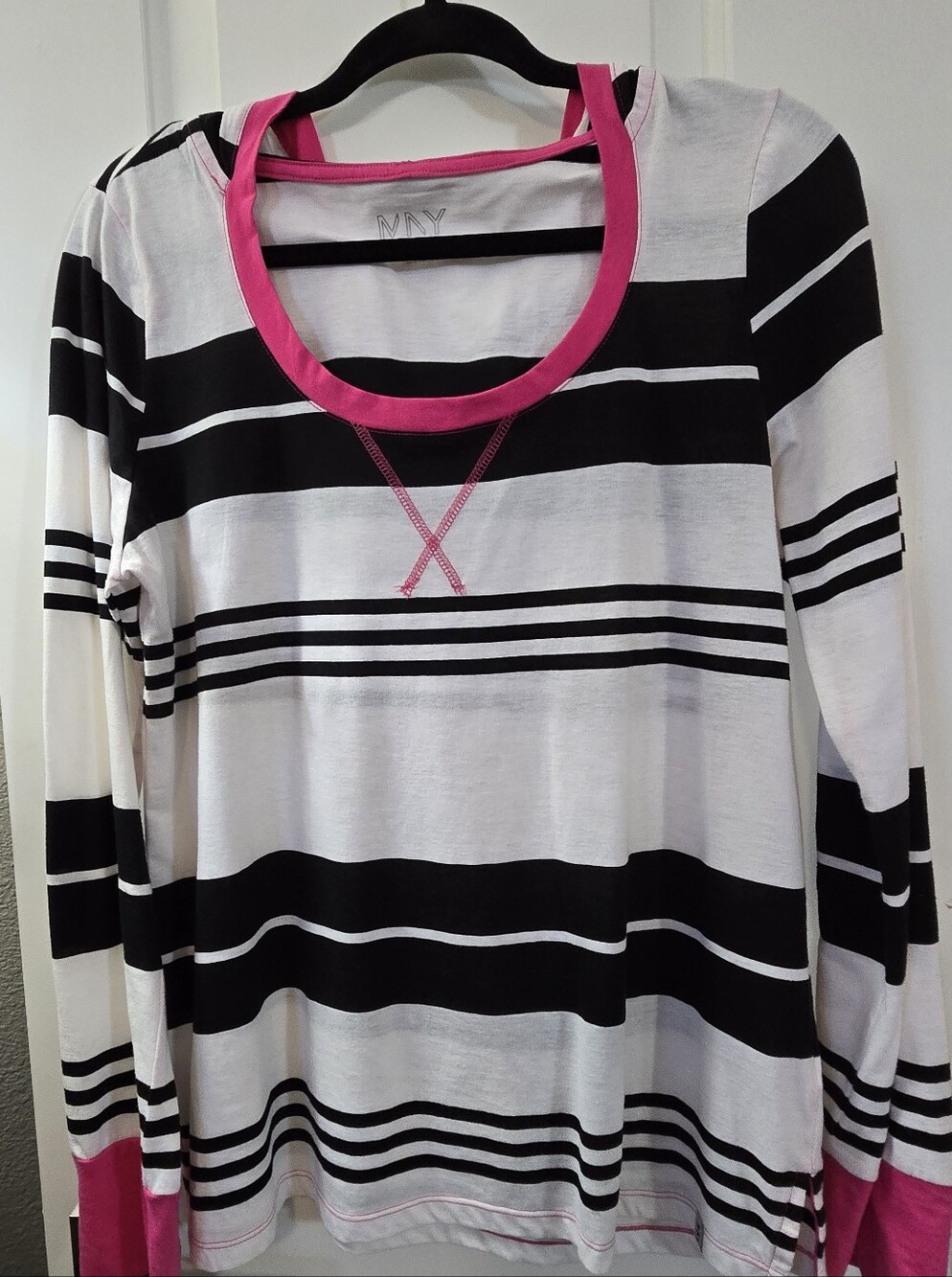 Marc New York Black White Striped Hooded Top XL Pink Trim